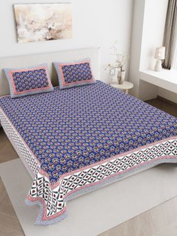 JAIPUR FABRIC - 180 TC Pure Cotton Floral Blue Flat Double Bedsheet With 2 Pillow Covers (Double)