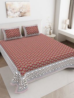JAIPUR FABRIC - 180 TC Pure Cotton Floral Brown Flat Double Bedsheet With 2 Pillow Covers (Double)