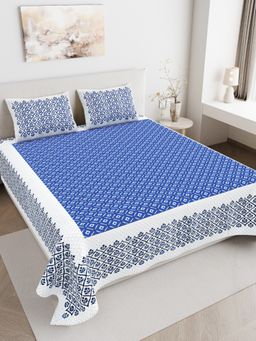 JAIPUR FABRIC - 180 TC Pure Cotton Floral Blue Flat Double Bedsheet With 2 Pillow Covers (Double)