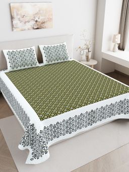 JAIPUR FABRIC - 180 TC Pure Cotton Floral Green Flat Double Bedsheet With 2 Pillow Covers (Double)