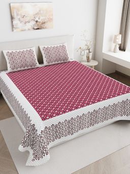 JAIPUR FABRIC - 180 TC Pure Cotton Floral Maroon Flat Double Bedsheet With 2 Pillow Covers (Double)