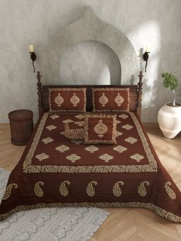 JAIPUR FABRIC - Actual Silk Hand Block Brown Flat Double Bedsheet With Pillow Covers (Double)
