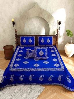 JAIPUR FABRIC - Actual Silk Hand Block Blue Flat Double Bedsheet With Pillow Covers (Double)