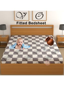 CHHAVI INDIA - Waterproof Microfiber Checkered Double Fitted Bedsheet - Grey & White (DOUBLE)