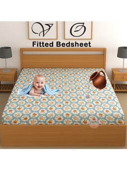 CHHAVI INDIA - Waterproof Floral Microfiber Double Fitted Bedsheet - Sky Blue (DOUBLE)