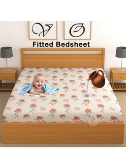 CHHAVI INDIA - Waterproof Floral Microfiber Double Fitted Bedsheet - Cream & Peach (DOUBLE)