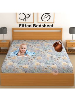 CHHAVI INDIA - Waterproof Floral Microfiber Double Fitted Bedsheet - Pastel Blue (DOUBLE)