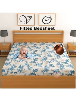 CHHAVI INDIA - Waterproof Floral Microfiber Double Fitted Bedsheet - Off-White & Blue (DOUBLE)