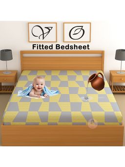 CHHAVI INDIA - Waterproof Geometric Microfiber Double Fitted Bedsheet - Grey & Yellow (DOUBLE)