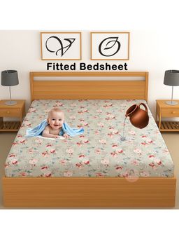 CHHAVI INDIA - Waterproof Floral Microfiber Double Fitted Bedsheet - Grey & Pink (DOUBLE)