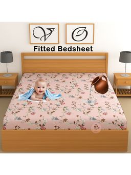 CHHAVI INDIA - Waterproof Floral Microfiber Double Fitted Bedsheet - Dusty Pink (DOUBLE)