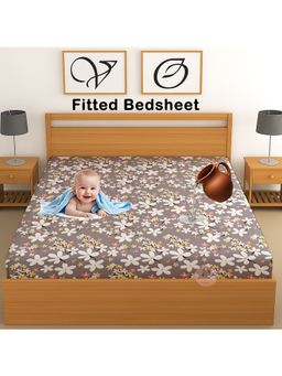 CHHAVI INDIA - Waterproof Floral Microfiber Double Fitted Bedsheet - Charcoal Grey (DOUBLE)