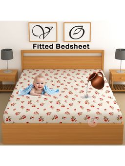 CHHAVI INDIA - Waterproof Floral Microfiber Double Fitted Bedsheet - Cream & Red (DOUBLE)