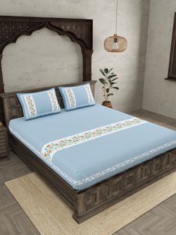 JAIPUR FABRIC - Blue Ethnic Motifs Cotton Fited Double King Bedsheet With 2 Pillow Cover (King)