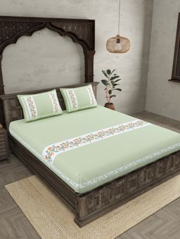 JAIPUR FABRIC - Green Ethnic Motifs Cotton Fited Double King Bedsheet With 2 Pillow Cover (King)