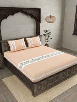 JAIPUR FABRIC - Peach Ethnic Motifs Cotton Fited Double King Bedsheet With 2 Pillow Cover (King)