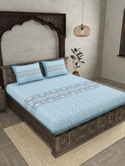 JAIPUR FABRIC - Blue Ethnic Motifs Cotton Fited Double King Bedsheet With 2 Pillow Cover (King)