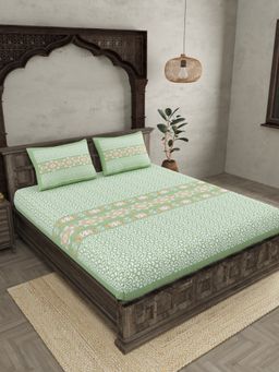 JAIPUR FABRIC - Green Ethnic Motifs Cotton Fited Double King Bedsheet With 2 Pillow Cover (King)