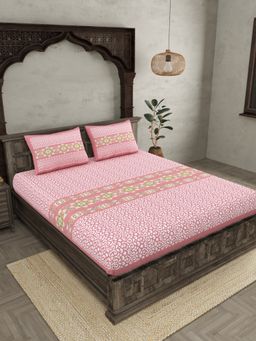JAIPUR FABRIC - Pink Ethnic Motifs Cotton Fited Double King Bedsheet With 2 Pillow Cover (King)