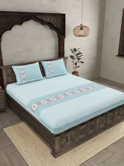 JAIPUR FABRIC - Sea Green Ethnic Motifs Cotton Fited Double King Bedsheet With 2 Pillow Cover (King)