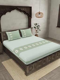 JAIPUR FABRIC - Green Ethnic Motifs Cotton Fited Double King Bedsheet With 2 Pillow Cover (King)