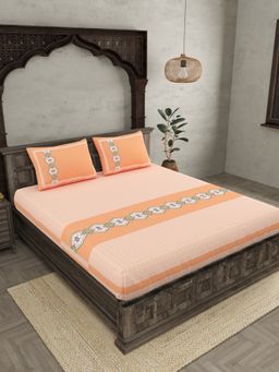 JAIPUR FABRIC - Peach Ethnic Motifs Cotton Fited Double King Bedsheet With 2 Pillow Cover (King)