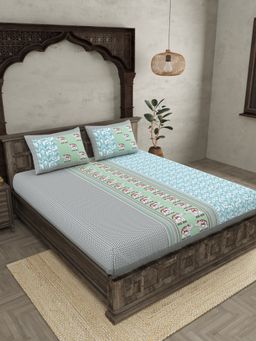 JAIPUR FABRIC - Blue Ethnic Motifs Cotton Fited Double King Bedsheet With 2 Pillow Cover (King)