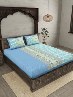 JAIPUR FABRIC - Green Ethnic Motifs Cotton Fited Double King Bedsheet With 2 Pillow Cover (King)
