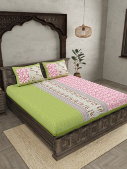 JAIPUR FABRIC - Grey Ethnic Motifs Cotton Fited Double King Bedsheet With 2 Pillow Cover (King)
