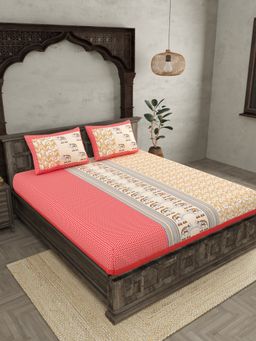 JAIPUR FABRIC - Pink Ethnic Motifs Cotton Fited Double King Bedsheet With 2 Pillow Cover (King)