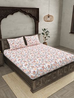 JAIPUR FABRIC - Ethnic Motifs Cotton Fited Double King Bedsheet With 2 Pillow Cover (King)