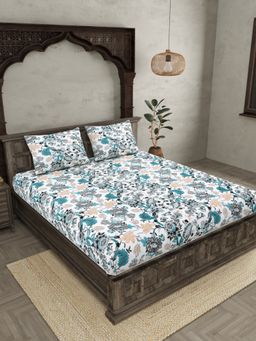 JAIPUR FABRIC - Ethnic Motifs Cotton Fited Double King Bedsheet With 2 Pillow Cover (King)