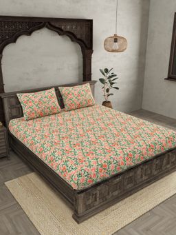 JAIPUR FABRIC - Ethnic Motifs Cotton Fited Double King Bedsheet With 2 Pillow Cover (King)