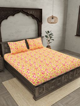JAIPUR FABRIC - Ethnic Motifs Cotton Fited Double King Bedsheet With 2 Pillow Cover (King)