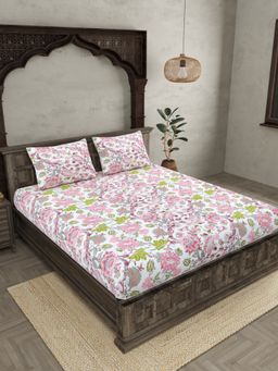 JAIPUR FABRIC - Ethnic Motifs Cotton Fited Double King Bedsheet With 2 Pillow Cover (King)
