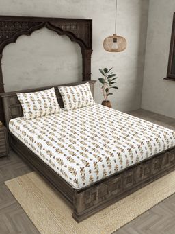 JAIPUR FABRIC - Ethnic Motifs Cotton Fited Double King Bedsheet With 2 Pillow Cover (King)