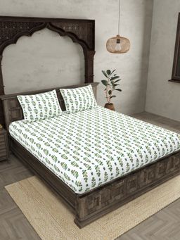 JAIPUR FABRIC - Ethnic Motifs Cotton Fited Double King Bedsheet With 2 Pillow Cover (King)