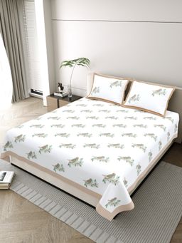 JAIPUR FABRIC - Pure Cotton Hand Block White Flat King Bedsheet With 2 Pillow Covers (King)