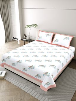 JAIPUR FABRIC - Pure Cotton Hand Block White Flat King Bedsheet With 2 Pillow Covers (King)
