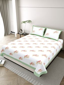 JAIPUR FABRIC - Pure Cotton Hand Block White Flat King Bedsheet With 2 Pillow Covers (King)