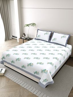 JAIPUR FABRIC - Pure Cotton Hand Block White Flat King Bedsheet With 2 Pillow Covers (King)
