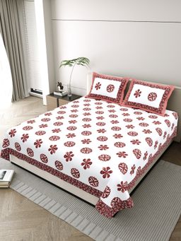 JAIPUR FABRIC - Pure Cotton Hand Block Maroon Flat King Bedsheet With 2 Pillow Covers (King)