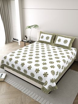 JAIPUR FABRIC - Pure Cotton Hand Block Olive Flat King Bedsheet With 2 Pillow Covers (King)
