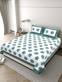 JAIPUR FABRIC - Pure Cotton Hand Block Teal Green Flat King Bedsheet With 2 Pillow Covers (King)