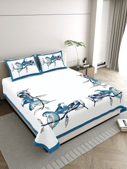 JAIPUR FABRIC - Pure Cotton Hand Block White Flat King Bedsheet With 2 Pillow Covers (King)