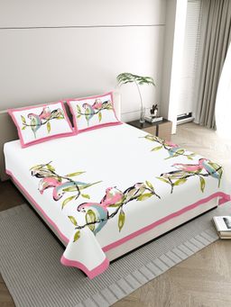 JAIPUR FABRIC - Pure Cotton Hand Block White Flat King Bedsheet With 2 Pillow Covers (King)