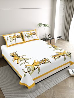 JAIPUR FABRIC - Pure Cotton Hand Block White Flat King Bedsheet With 2 Pillow Covers (King)
