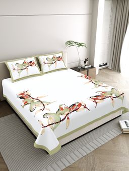JAIPUR FABRIC - Pure Cotton Hand Block White Flat King Bedsheet With 2 Pillow Covers (King)