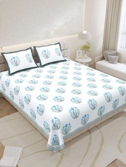 JAIPUR FABRIC - Pure Cotton Hand Block White Flat King Bedsheet With 2 Pillow Covers (King)