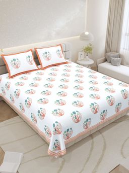 JAIPUR FABRIC - Pure Cotton Hand Block White Flat King Bedsheet With 2 Pillow Covers (King)